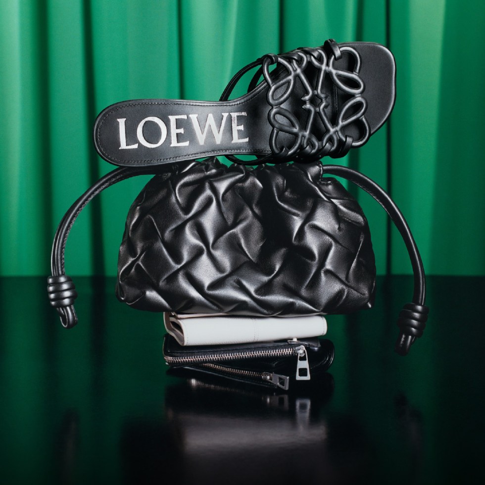 Loewe Ginza fashion accessories: black leather bag and high heel shoe on the green background