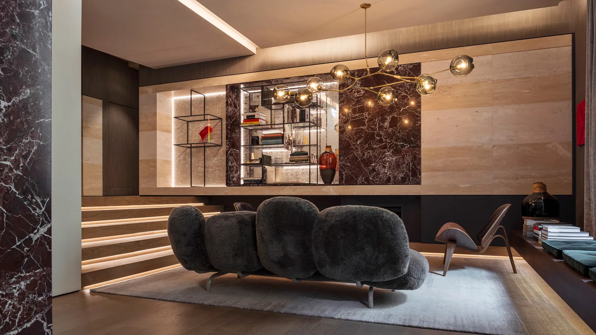 Elegant lounge with designer furniture and lighting