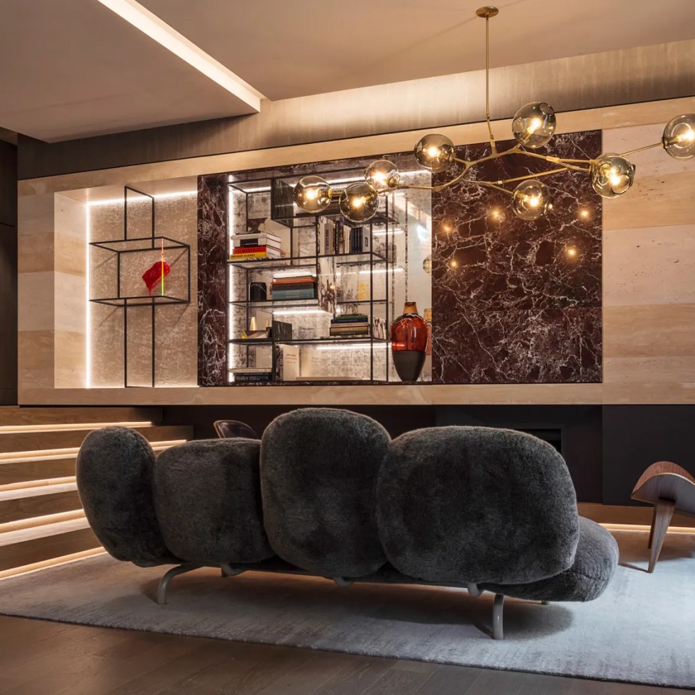 Elegant lounge with designer furniture and lighting