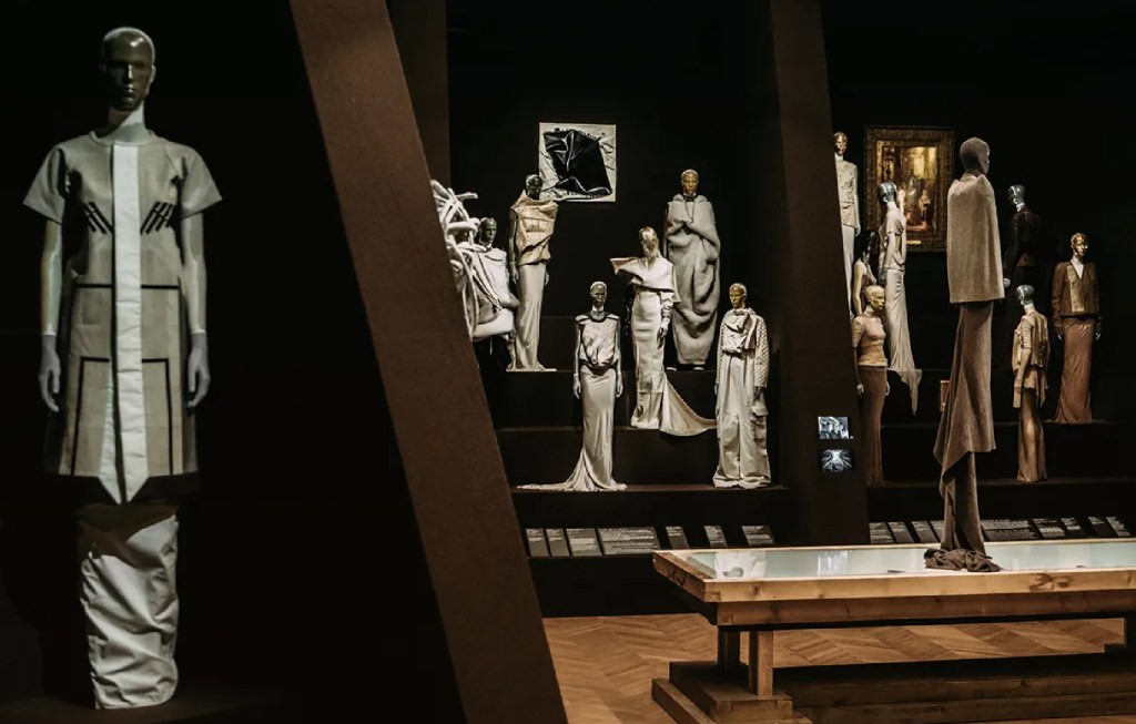 Rick Owens designs displayed on mannequins in the gallery