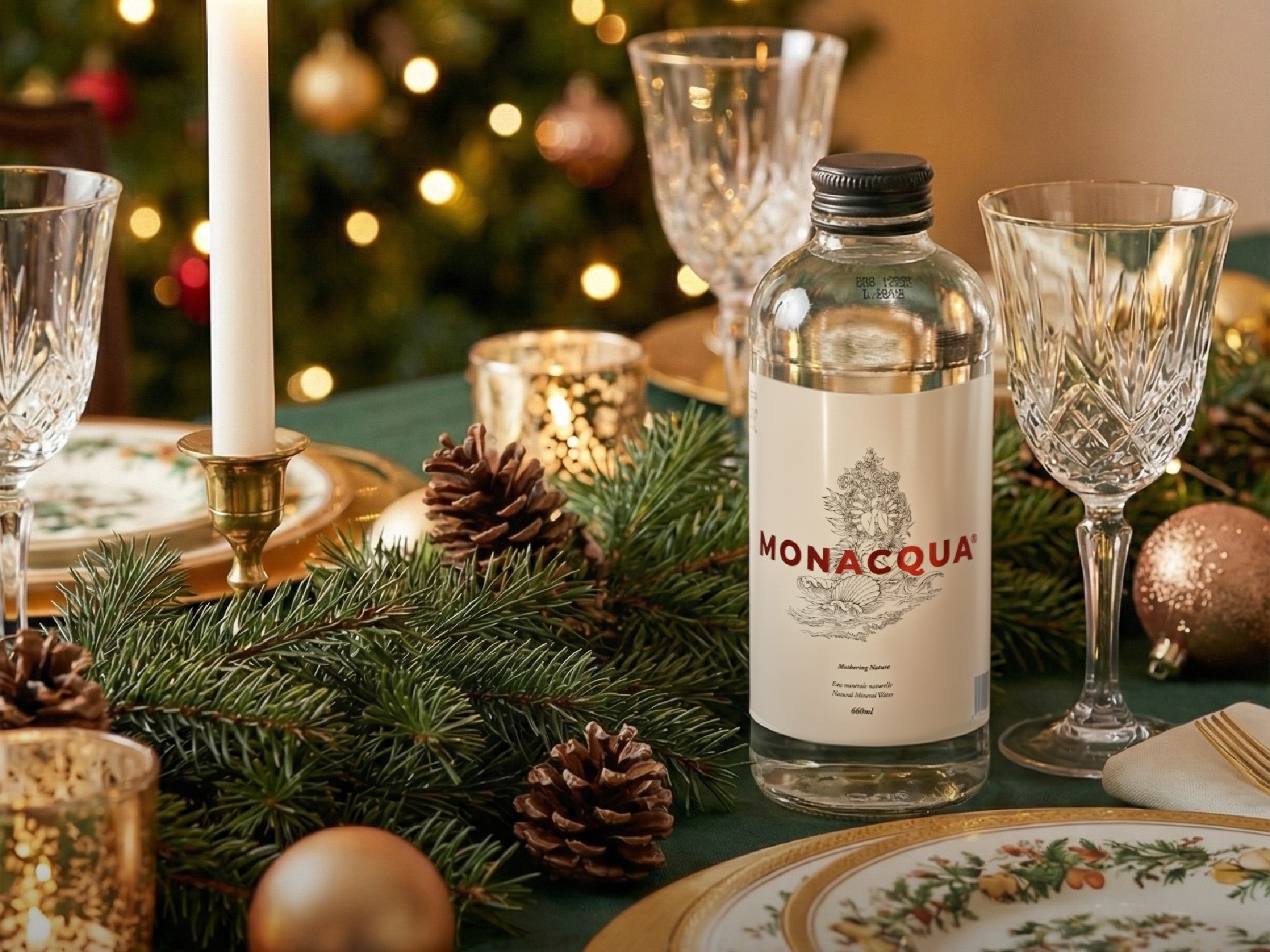 monacqua among the christmas decorations table