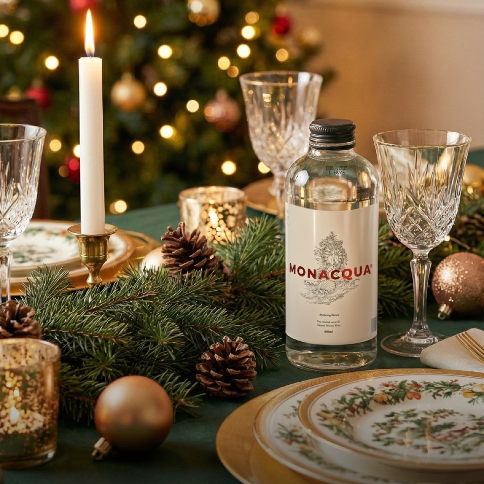 monacqua among the christmas decorations table
