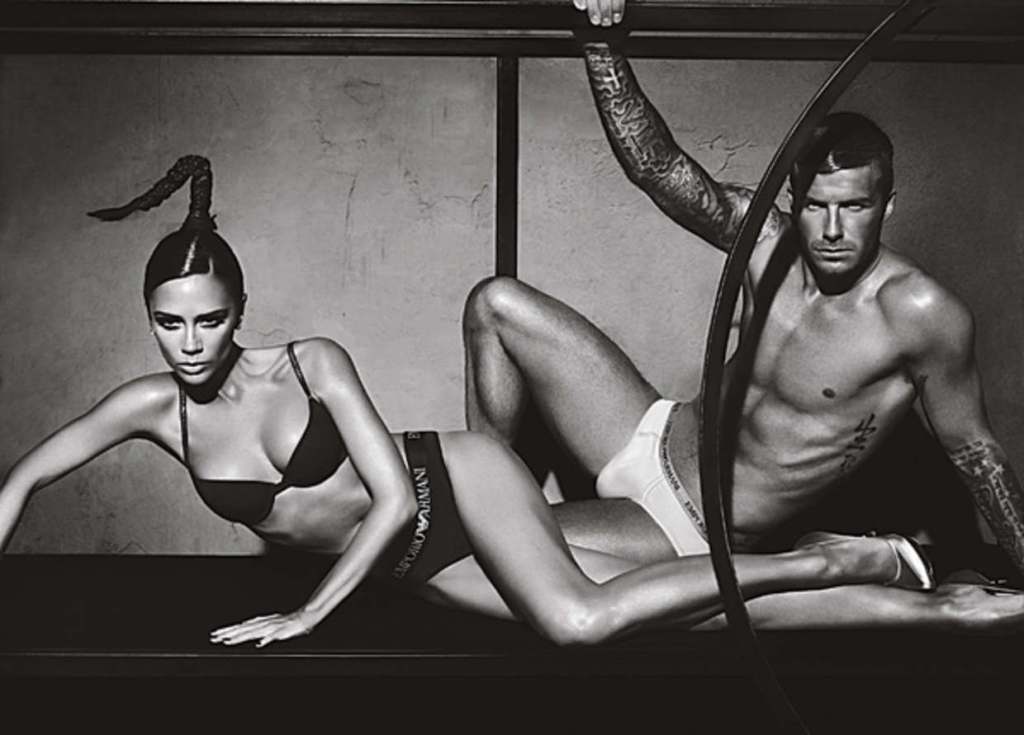 david and victoria beckham posing in emporio armani underwear