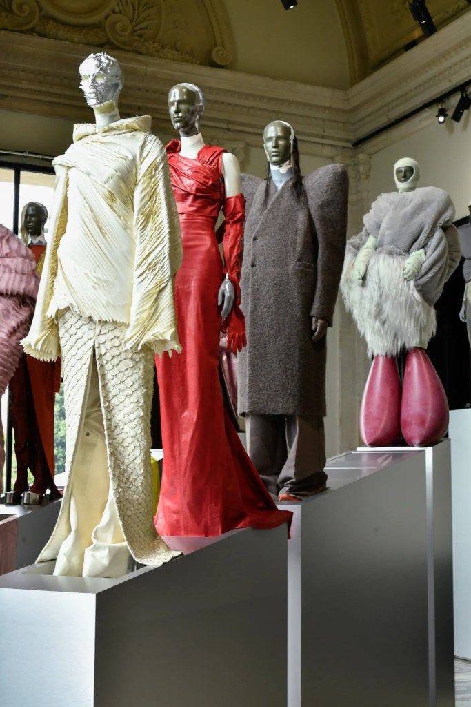 Rick Owens exhibition in Paris featuring cream, red, pink and brown garments