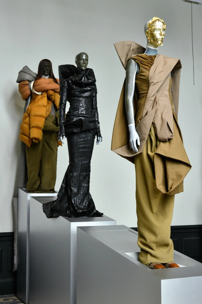 Rick Owens exhibition in Paris featuring black and mustard clothing