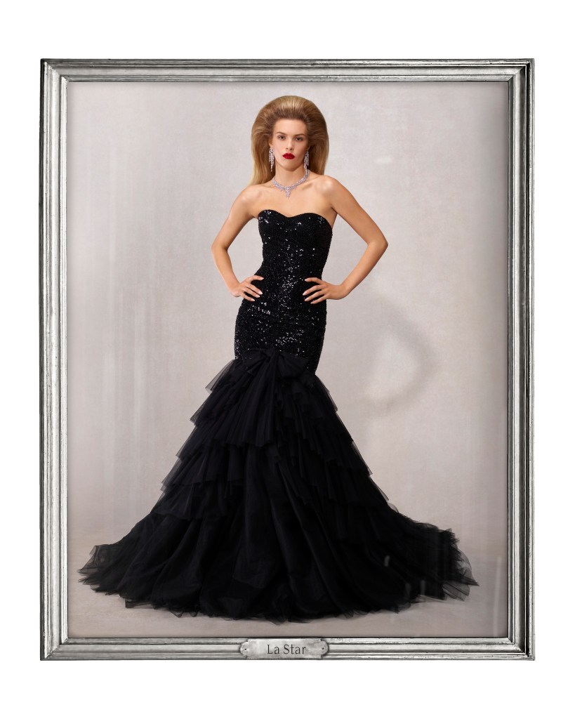 La Star black evening gown with diamond necklace modeled for Gucci