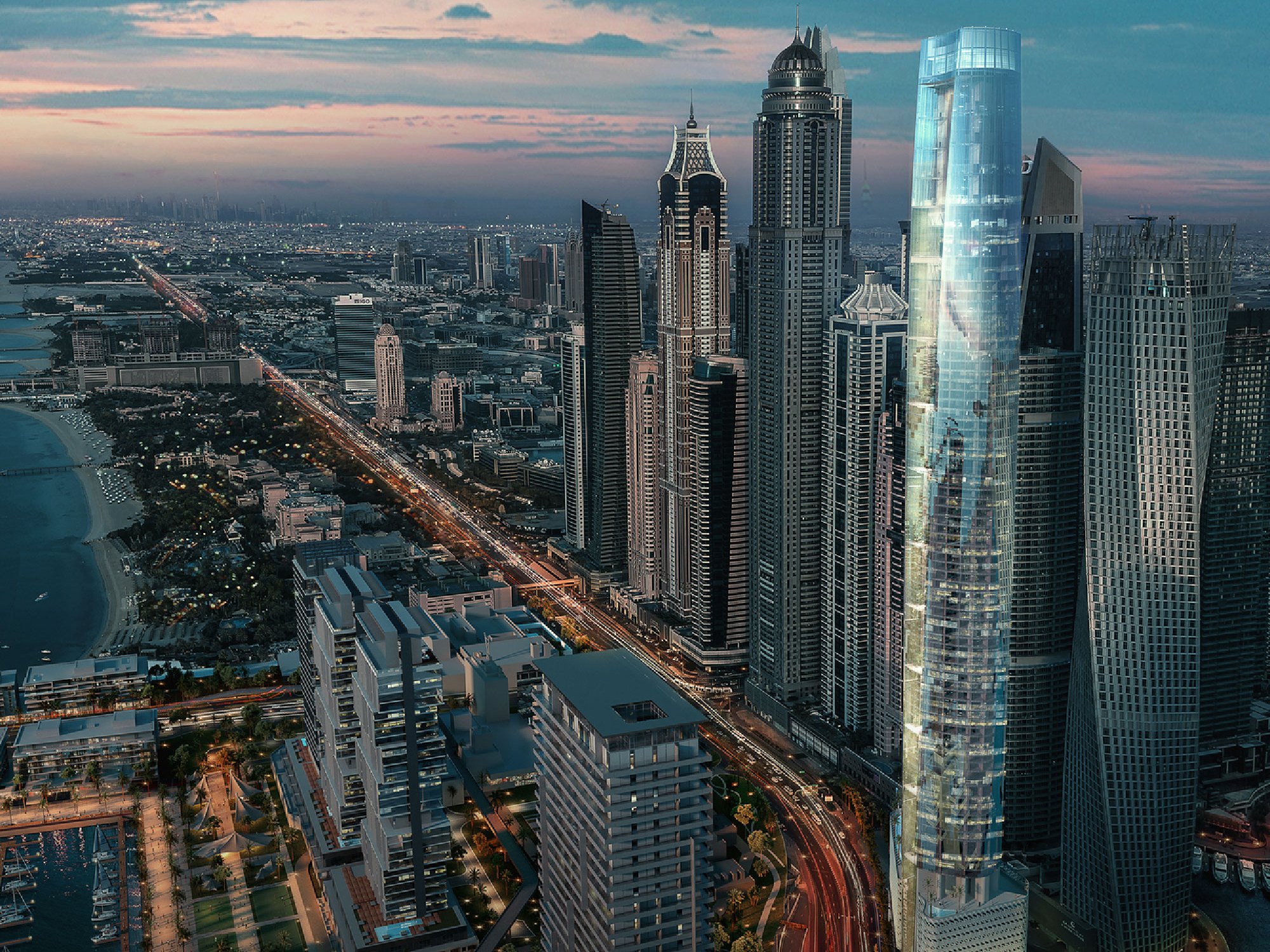 Dubai skyline with tallest hotel Ciel Marina illuminated.