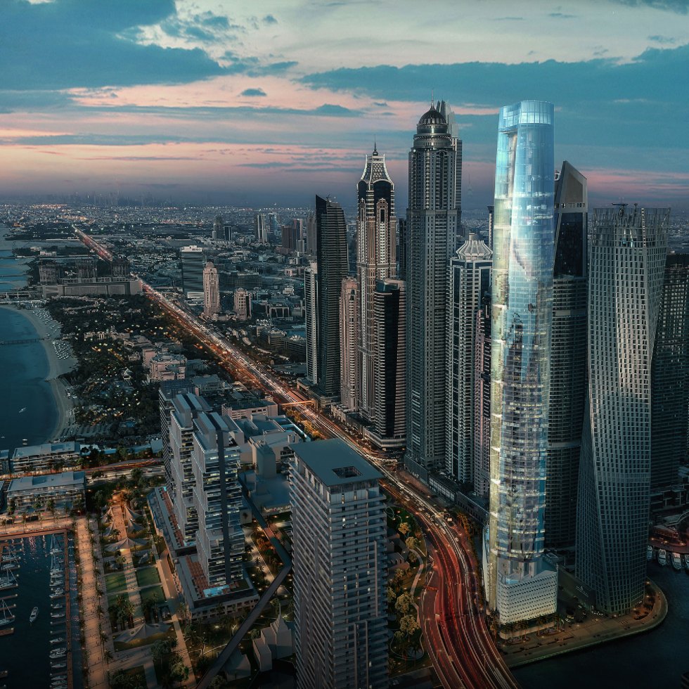Dubai skyline with tallest hotel Ciel Marina illuminated.