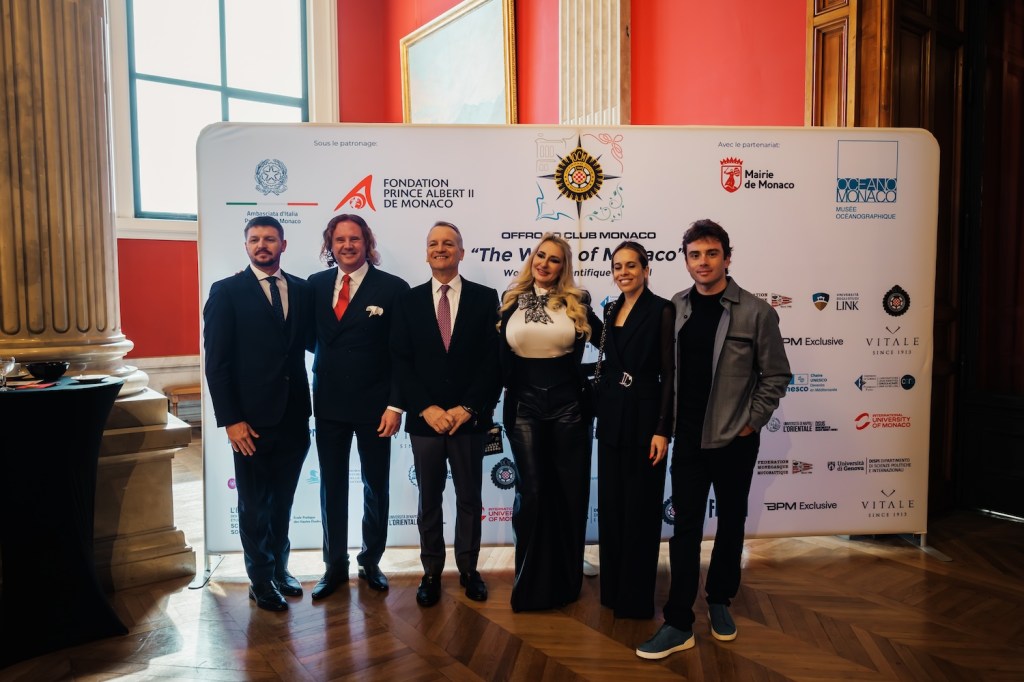Gareth Wittstock, Massimiliano Mordenti, Georges Marsan, Mayor of Monaco; Erminia Fezia Mordenti; Sandra Marsan; and Francesco Castellacci, official driver for Vista AF Corse in the FIA World Endurance Championship (WEC).