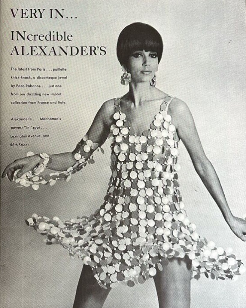 vintage paco rabanne magazin advert with metallic round shape dress